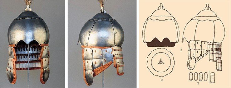 Top: Scholarly historical reconstruction of a helmet (and armor) worn by a Toba Wei warrior of the 6th century, based on a series of helmets recovered from the Lim Chan fortress in Hebei Province (China). These helmets, with a hemispherical top piece and a plume tube, were popular across the steppes of Eurasia throughout the Middle Ages. Photo by S. Borisenko. Bottom: Helmet and aventail of the Toba Wei period from the Lim Chan fortress (Inner Mongolia, China). Adapted from (Gorbunov, 2005)
