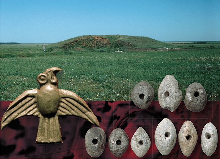 Above: Large tumulus Baikara (Northern Kazakhstan). Below:  Golden plaque in the shape of a bird of prey and stone sinkers for a fishing net, found on the edge of a burial pit of the Scythian time. Large tumulus Baikara (Northern Kazakhstan)