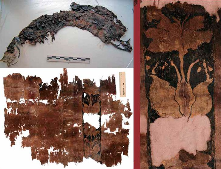 This piece of tapestry fabric from Tumulus 22, Noin-Ula, which had been rolled up several times and stitched with a thick thread, was in a very poor condition (above). However, after the meticulous effort put by E. V. Karpeeva (SB RAS Institute of Archeology and Ethnography, Novosibirsk) to restore the item, it “blossomed” with graceful poppy flowers (right)