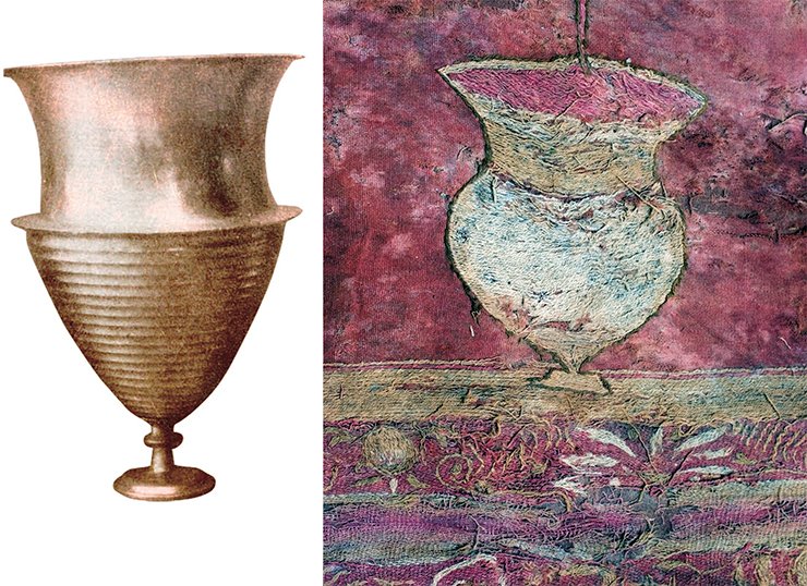 The vessel that collects the filtered wine resembles in its shape a cantharos (a Greek wine vessel of a particular shape) without handles and is close to the silver and bronze vessels discovered in Taxila (right; Marshall, 1951). A similar vessel, except with a lid, was discovered in Gandhara (Miho Museum, 2009)