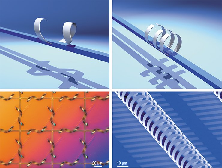Pictures that show formation of three-dimensional microresonators from strained semiconductor-metal strips detached from the substrate. The technology was developed at Rzhanov Institute of Semiconductor Physics of the Siberian Branch of the Russian Academy of Sciences