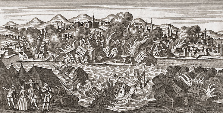 This copper engraving, created in the year of the Lisbon earthquake, depicts the city in ruins and on fire. A tsunami wave comes crashing down upon the shore, destroying the piers; ships are dying in the harbor. Museum of Lisbon. Public Domain/NISEE-PEER Library/The Earthquake Engineering Online Archive – Jan Kozak Collection (KZ128)