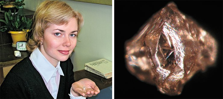 The first diamond crystal (on the right) of the recently discovered Khompu–Maiskoye kimberlite field was found by the junior researcher of DPMGI. K. L. Pirogovskaya. It weighs only 0.003 ct, but scientists and geologists hope to find there larger crystals, comparable with the 7-ct Yakutian diamond stored in the Institute collection (on the left)