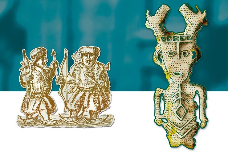 Слева: северные самоеды (касы). Справа: бронзовая фигурка шамана. Первая половина I тыс. н. э. Ерыкаевский клад (Кемеровская обл.)