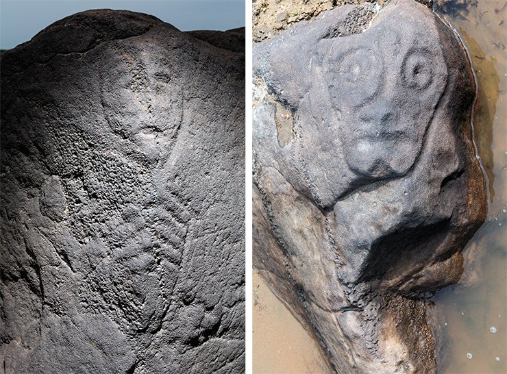 Left: the faces of this most amazing stone at the Sikachi-Alyan sanctuary are covered with various images, including a human protoma with a rib cage. This image is an example of the so-called X-ray style. This and other similar images are associated with the mythologem of the acquisition of shamanic gift. A. Pakhunov © IA RAS. On the right: when archaeologists began their studies at the Amur River, this expressive lichina, an amazing piece of the artistic heritage left by the ancient cultures of the Lower Amur, was only sketched by Mikhail Okladnikov from the descriptions given by local residents. The lichina itself was discovered only in the 2000s when the sand, which keeps covering the ancient image time and time again, had been cleared away. I. Georgievsky © IA RAS