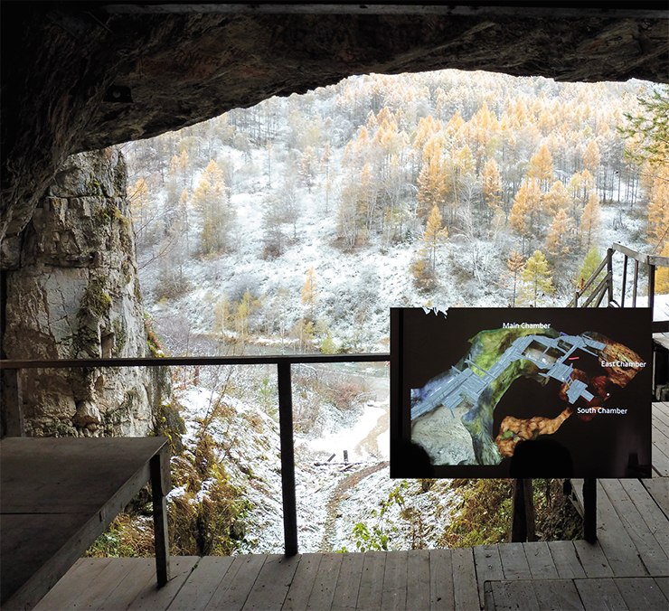 The view of the Anui valley from the Denisova Cave must not have changed much in the last millennia. The entrance to the cave though was two meters from the ground level instead of the six meters we have today. Photo by M. Kozlikin. Bottom right: Digital 3D-model of the Denisova Cave: the central, eastern and southern halls. Trimetary Consulting (St Petersburg)