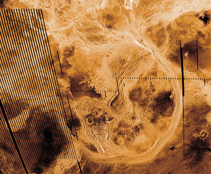 Artemis Corona is, presumably, the center of the largest radial system of fractures and dikes on Venus with a diameter of 12,000 km. Credit: NASA/JPL