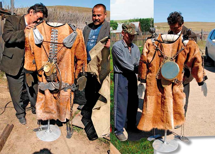 The ritual clothes, made of roe-deer skin, have a metallic model of a human skeleton and protective mirrors  fastened to them.  The mirrors protect the shaman against evil spirits. The final adjustment of the shaman’s ritual clothes. The big mirror protects the heart and sternum. On the shoulders, there are figurines of eagles, which are considered to be messengers of gods