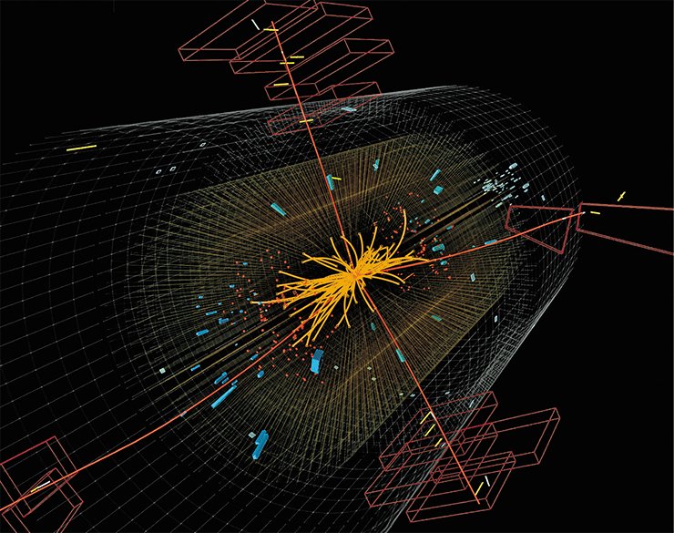 One of events in which the Higgs boson is assumed to be decomposing into four muons (red lines) with high energies. © 2012 CERN.