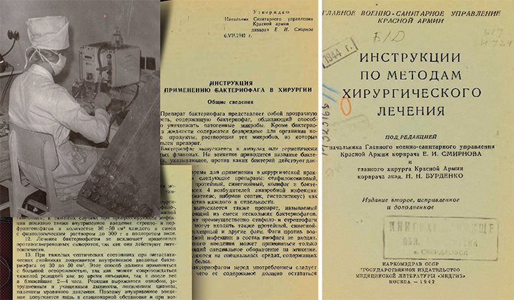 As shown by these guidelines for practicing surgeons, which were published at the beginning of World War II, by that time bacteriophages had become a recognized antibacterial agent and were recommended for use in surgical practice to treat wounds and acute infectious and inflammatory processes. Photo: the title page and preface to the book Guidelines to Surgical Treatment Methods, Moscow: USSR People’s Commissariat of Public Health (Narkomzdrav), 1942