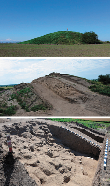 Top: the Marpha mound (Central Ciscaucasia) before excavation. The Mapha mound’s adobe construction made of clay blocks. Bottom: Details of the clay blocks of the Mapha mound