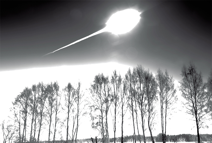 A bolide, or fireball, is a very bright meteor, i.e., a luminous atmospheric trace of a large meteoroid rushing rapidly towards the Earth’s surface like a falling spear. The last such celestial phenomenon was the Chelyabinsk fireball, whose explosion power turned out to be 20–30 times the atomic bomb that destroyed Hiroshima. Photo by M. Akhmetvaleev (Chelyabinsk)