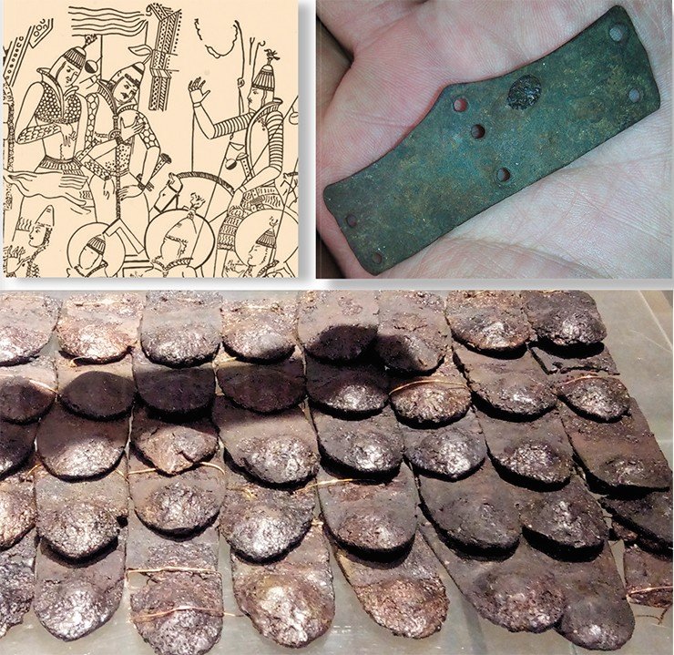 Images of warriors in a fragment of a mural from Kyzyl (East Turkestan) dating back to the times of the Kenkol culture. Adapted from: (Grünwedel, 1925). Top right: A unique find—a steel plate from the cheek guard of a helmet similar to the Kenkol ones—was found near the Buguldeika River (Olkhon district, Irkutsk region, Russia). NSU Museum. Photo by author. Bottom: Plates of a scaly steel habergeon worn by a Kenkol warrior from Akchi-Karasu (Kyrgyzstan). State Historical Museum of the Kyrgyz Republic (Bishkek). Photo by author