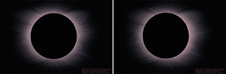 Эти два момента полного затмения разделены во времени всего несколькими минутами. На левом фото видна восточная часть хромосферы (это тонкий слой атмосферы Солнца между фотосферой и короной), а на правом – ее западная часть