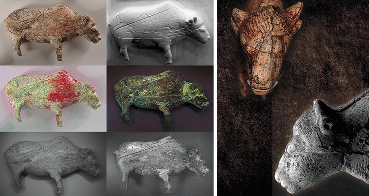 A unique figurine of a female bison made from mammoth ivory. Found at Zaraysk (Moscow Oblast). The results of multispectral imaging of the bison figurine from Zaraysk in the infrared and visible ranges showed that the black marks appeared after the image was forever hidden in the cache. A. Pakhunov © IA RAS