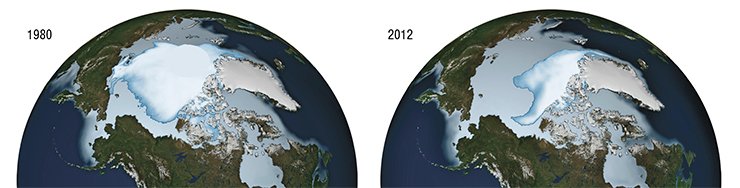 Water areas covered by Arctic ice in 1980 and 2012. Credit: NASA/Goddard Scientific Visualization Studio