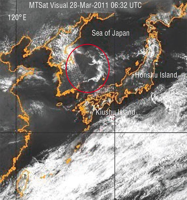 A cloud of unusual configuration hung over Sea of Japan for three hours. This “earthquake cloudiness” resulted from an emission of fluids from the depths. At the same time, a linear anomaly appeared over the small islands southward of Kiushu. The photo taken from the geostationary satellite NASA on March 28, 2011. (Naval Research Laboratory, Marine Meteorology Division, Monterey, CA)