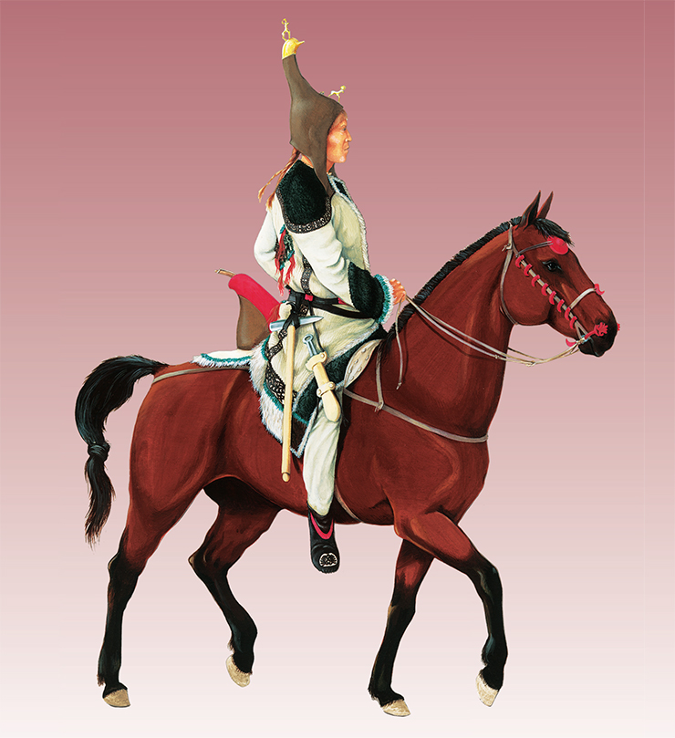 Reconstruction of the costume and outfit of the man buried in Tumulus 3, Verkh-Kaldzhin-2 burial site. The horseman was wearing a felt headgear, wooden decorations covered with gold foil, felt boots-stockings, and a belt. The harness was restored according to real findings. Drawing by D. Pozdniakov