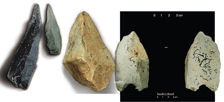  Hunting equipment of primitive inhabitants of the Anui Valley (left). Photo by V. Kavelin. Archaic pebble tool from the site Karama (center). A very ancient point from Karama (right). Photo by V. Kavelin
