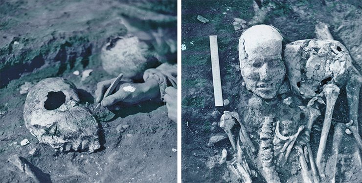 This is how the clayed skulls found in the Tesinsk crypt looked. Burial at the Novyie Mochagi kurgan (Minusinsk Hollow), 1983. Photographed and excavated by N. Yu. Kuzmin