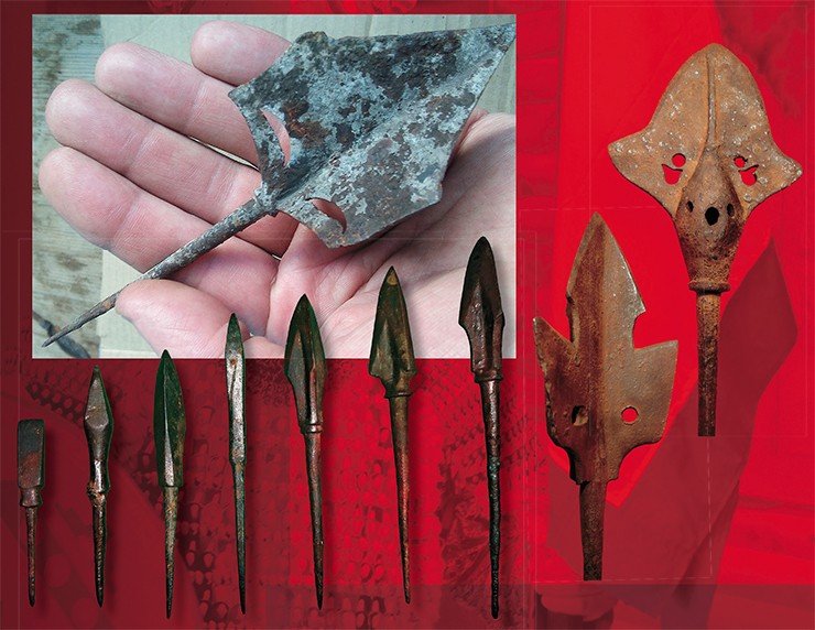 Arrowheads typical of the Yenisei Kyrgyz culture: three-bladed, with a whistle, and armor-piercing. Finds from Khakassia. NSU Museum. Photo by the author