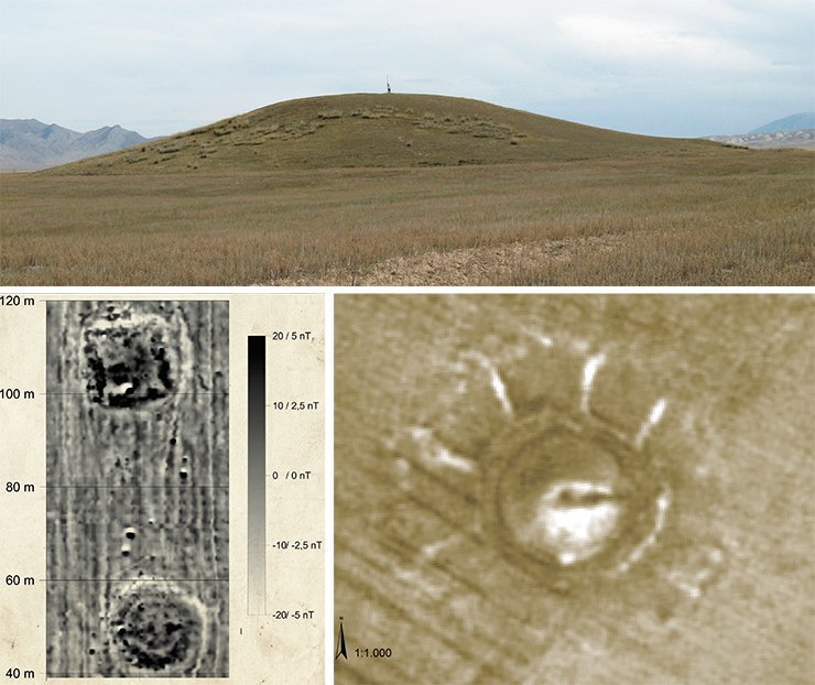The satellite image of kurgan 2 on the Kegen plateau (Southeastern Land of Seven Rivers, Kazakhstan) revealed five “rays” extending north and west from the kurgan; they appeared to be the remnants of the building ramps leading to the foot of the mound. SPOT satellite image (2.5 m resolution). Left: Magnetogram of kurgans 8 (from above) and 9 (from below) at the Žoan Tobe burial grounds, 2008. Magnetic prospecting done by J. Fassbinder and T. Gorka. Despite the deformation of the original form of the mounds the differences are obvious: kurgan 8 has a sub-square form while kurgan 9 has a round shape typical of Scythian-Saka mounds