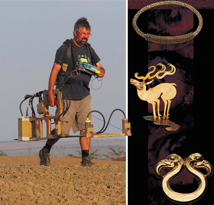 Left: Jörg Fassbinder performs magnetic prospecting. On right: Golden objects from the Arzhan-2 kurgan (Tuva)