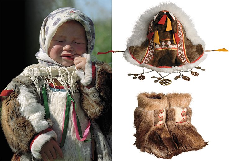 A girl in traditional clothes. Voen-to camp. Girl’s hood (top, right). Girl’s winter boots (bottom, right)