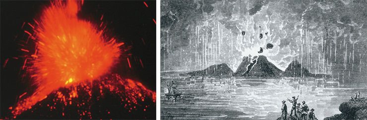Left: Mexico’s juvenile composite Paricutin volcano burst to life in the corn field in 1943. In ten years, the volcano grew to have a 410 m cone and profuse lava blankets at its foundation. Photo by R. Willcox (U.S. Geological Survey, 1944). Right: the ancient print shows the eruption of Nea Kameni volcano on Santorini Island in the Aegan Sea in 1866. You can see a caldera sunk in the water. The most catastrophic eruption on the island took place in 1650 B.C., causing the destruction of the Minoan civilization and the creation of a legend about the demise of Atlantis. Photo by P. Hedervari (National Geophysical Data Centre) 