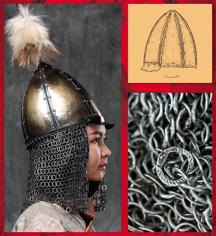 Scholarly historical reconstruction of the helmet of a 17th–18th century Yenisei Kyrgyz warrior (left), based on an accidental find of a helmet dome and a fragment of mail weaving in Khakassia. Photo by A. Bolzhurov. Dome of a Yenisei Kyrgyz helmet (top right) found in the Minusinsk Basin (Khakassia). Drawing by Yu. Khudyakov. Martyanov Minusinsk Regional Museum of Local History, Russia. Fragment of mail armor of the 17th–18th century (bottom right), found in the Kosh-Agach district (Altai Mountains). Center: the so-called “master’s ring,” the trademark of the armorer or the mark of the owner. Novosibirsk State Museum of Local History. Photo by the author