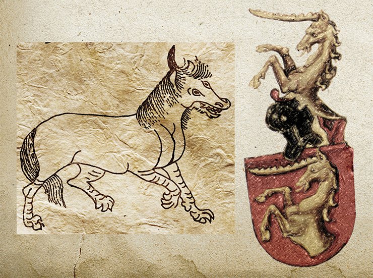 Left: the Chinese predator unicorn Bau from Shan-hai Ching. Bau had the teeth and the claws of a tiger. From: (Terentiev-Katanskiy, 2004). On right: animalistic coat of arms from Conrad Gruneberg’s Book of Heraldry. The unicorn is depicted with legs of a buffalo and a big horn above the forehead. Late 15th c. From: (Pastoureau M. Heraldry, 2003)