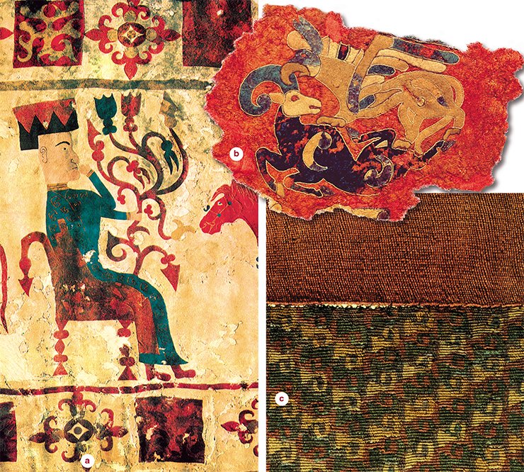 а — fragment of a felt carpet (Fifth Pazyryk Burial Mound); b — applique on a felt carpet for the saddle (Second Pazyryk Burial Mound); c — fragment of a woolen skirt (Second Pazyryk Burial Mound). State Hermitage. Excavations by S. Rudenko