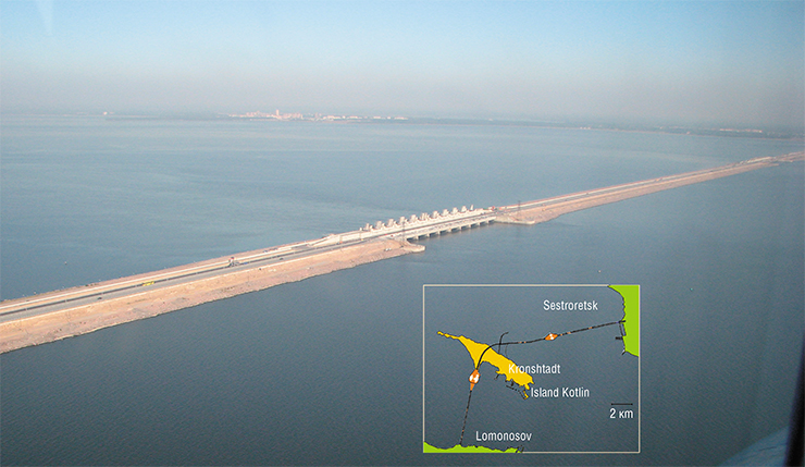 To protect Saint-Petersburg from floods, a 25-kilometer dam with a circular highway was built across the Gulf of Finland. The dam has a complex of locks to control the water flow and let sea vessels pass through
