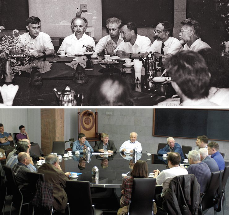 Round table at the INP SB RAS: discussion of the project to design a free-electron laser for photochemical studies in 1989 (top) and discussion of a new bright synchrotron radiation source project in 2015