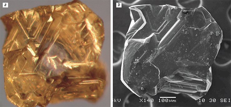 Electron-microscopic images of the bottom of the octahedral diamond crystal from the Manchary pipe: a – transmission microscopy; b – back-scattered microscopy