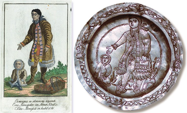 A saucer depicting a woman and a child. Presumably: Tobolsk, first quarter of the 19th century. Silver, 916 silver mark; 41.8 g; 12.8 cm in diameter. Silversmith’s hallmark: П•… (cyr.) (the remaining part removed). Peter the Great Museum of Anthropology and Ethnography (St. Petersburg). “A Samoyed woman in a summer dress.” Illustration from J. G. Georgi’s book A Description of All the Peoples inhabiting the Russian State, as Well as Their Daily Rituals, Beliefs, Customs, Clothing, Dwellings and Other Memorabilities, St. Petersburg: Imperial Academy of Sciences, 1799