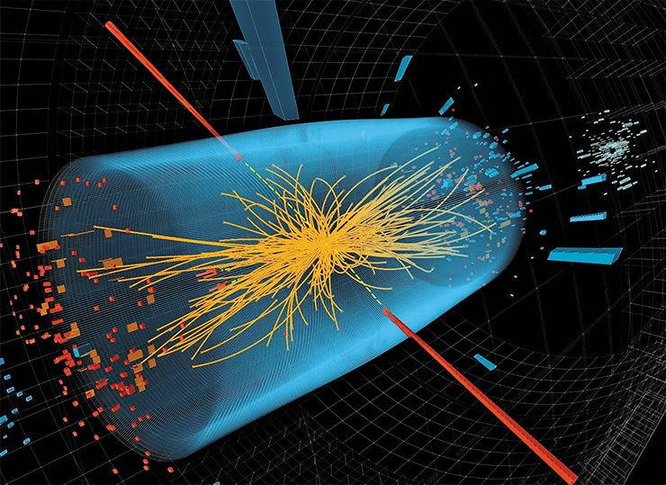 Decomposition of the Higgs boson into two photons with high energies (red lines) recorded by the CMS detector. The yellow lines show the tracks of other particles generated in this collision. The blue cylinder shows the crystal calorimeter of the CMS detector. © 2012 CERN