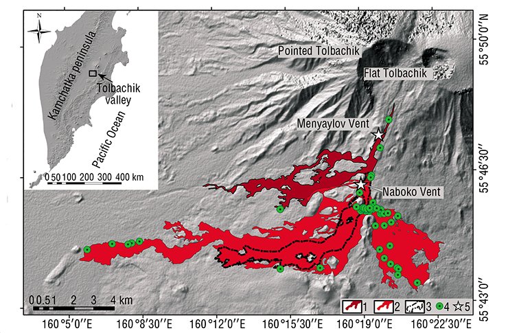 Schematic map of lava streams of the Tolbachik Fissure Eruption of 2012–2013.