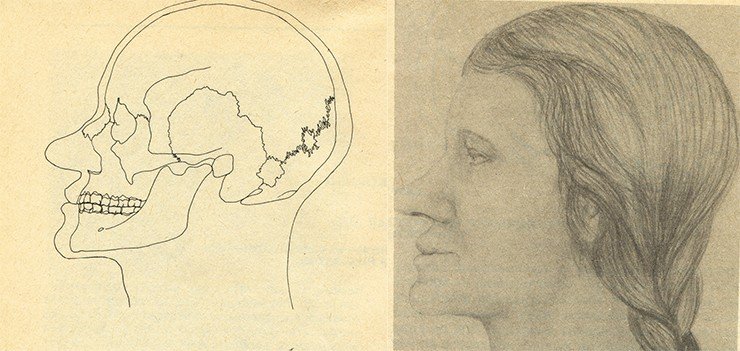 A contour reconstruction based on the female skull (left). A portrait of the woman (right). Reconstruction by Cand.Sci.(History) T.S. Balueva (Institute of Ethnology and Anthropology RAS, Moscow). Burial 2, Ak-Alakha 1 burial mound 1