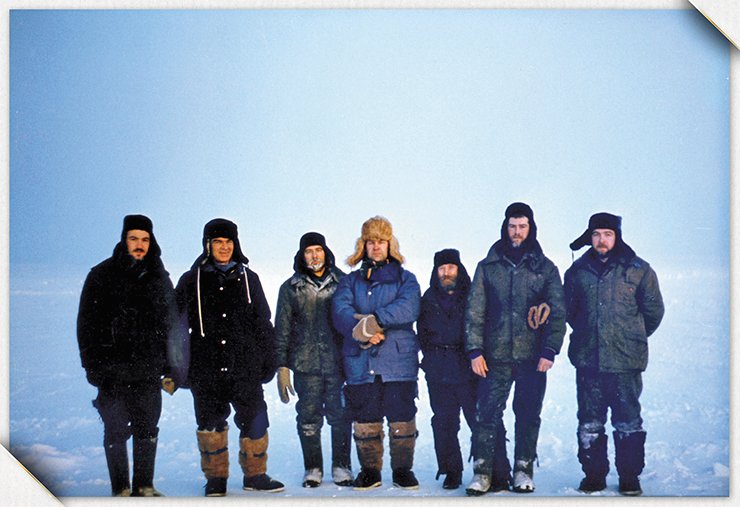 Many years later, another team of researchers from the Institute of Hydrodynamics went to a place near Severnaya Zemlya in the Arctic to solve another important problem associated with ice dynamics (left to right: A. R. Berngardt, V. M. Titov, V. T. Kuzavov, V. K. Kedrinsky, the rover driver Slava, V. Bondarenko, and N. N. Chernobaev). For these studies, A. R. Berngardt was awarded with one the first Lenin Komsomol Prizes for Young Scientists