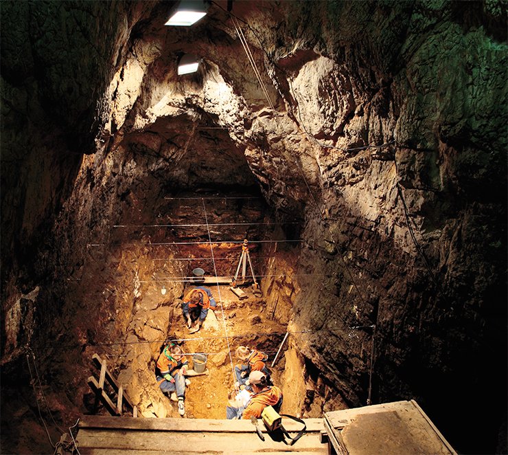 The total area of the cave is 270 m². Branching off from the central hall is a system of galleries: the eastern and southern narrow dark galleries go in the interior of a karst mass, where they are completely blocked by loose deposits. The third gallery leads to the site in front of the entrance. The photograph shows a dig in the eastern gallery of the Denisova Cave. Photographed by S. I. Zelensky