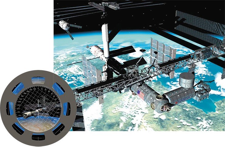 Слева: компьютерная модель бортового оптического прибора контроля за ориентацией космического аппарата относительно земной линии горизонта. Справа: Виртуальная сцена сближения транспортного корабля с МКС