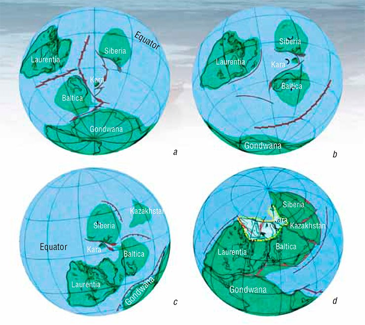 The paleomagnetic data obtained during expeditions on the Severnaya Zemlya archipelago supported the paleogeographic reconstruction of the Kara microcontinent  motion in relation to other paleocontinents in the Paleozoic: (a) Cambrian Ordovician (510–480 Myr ago); (b) Late Ordovician (465–440 Myr ago); (c) Silurian-Devonian (430–400 Myr ago); (d) Permian (280–260 Myr ago)