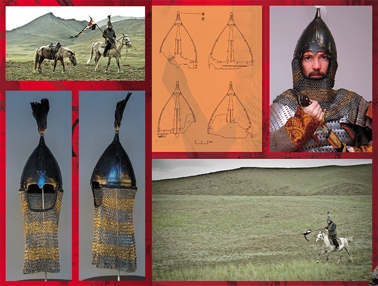 Scholarly historical reconstruction of the helmet of a 9th–11th century Late Turkic (Kimak) warrior, based on an accidental find of a helmet dome at the Multa River (Altai Mountains), finds of parts of bimetallic chainmail aventails in Altai and Khakassia, and frescoes from Afrasiab (Uzbekistan) and Panjakent (Tajikistan). Photo by S. Borisenko (left). Iron helmet found at the Multa River, a tributary of the Upper Katun River (Altai Mountains). Adapted from: (Gorbunov, 2003). Photo by A. Gribakin (top right). Photo by A. Pronin (Top left, bottom right)