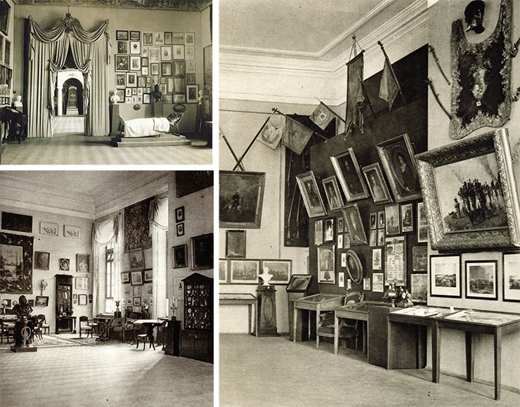 Hall of the Emperor Alexander I (top). The hall “Moscow of 1812” (bottom). The hall “Borodino”. Kutuzov’s corner (right).  The exhibition “1812”. Moscow, 1912