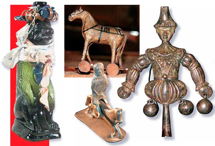A figure of the supreme deity in the shape of a bear (left). A horse in a home shrine made in the attic. Silver figurine of an equestrian. Harlequin, an Ostyak Idol (right)