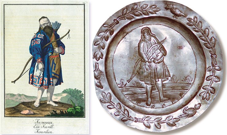 A saucer depicting a man holding a bow. Presumably: Tobolsk, first quarter of the 19th century. Silver, 916 silver mark; 29.25 g; 11.2 cm in diameter. Silversmith’s hallmark: П•Б (cyr.). Peter the Great Museum of Anthropology and Ethnography (St. Petersburg). “A Kuril Man.” Illustration from J. G. Georgi’s book A Description of All the Peoples inhabiting the Russian State, as Well as Their Daily Rituals, Beliefs, Customs, Clothing, Dwellings and Other Memorabilities, St. Petersburg: Imperial Academy of Sciences, 1799