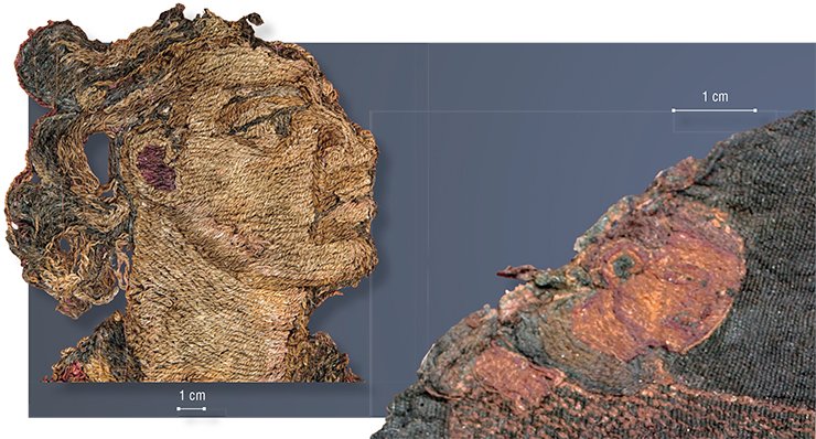 A face of a Zoroastrian warrior (on the left). A fragment of embroidered wool curtain. Noin Ula mound 31. An enlarged doe hunter’s face (on the right). A detail of embroidery on silk. Noin Ula mound 20