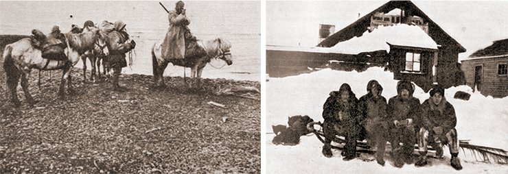 Left: Tolmachoff with interpreters on the Chaun. Photo by Kozhevnikov. (From: Tolmachoff, 1911). On right: I. P. Tolmachoff’s Chukotka expedition on Dezhnev Post. Rumiantsev, Tolmachoff, Weber, and Kozhevnikov next to a store of the trading house I. Ya. Churin & Co (1909) Photo: (St Petersburg Branch, Archive of the Russian Academy of Sciences. Collection 1053.  Finding aid 2. # 47. Photo # 136