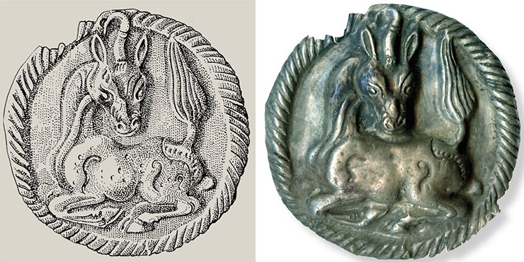 Silver badge (right): with the image of unicorn served as a horse harness decoration. Detailed drawing (left) E. Shumakova(IAET SB RAS, Novosibirsk)